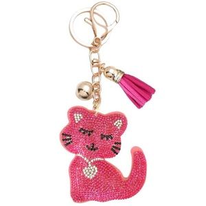 Bling Rhinestone Fuchsia Kitty Cat Puffy Tassel Keychain